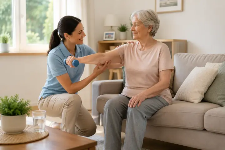 Physiotherapeutin behandelt eine Patientin beim Hausbesuch