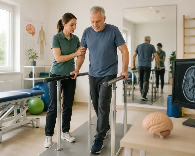 Physiotherapeutin unterstützt einen Patienten beim Gangtraining im Barren
