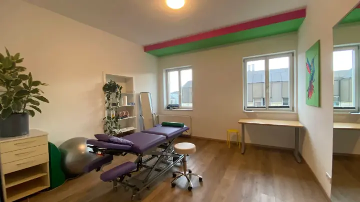 Behandlungsraum mit Gymnastikball und Therapieliege