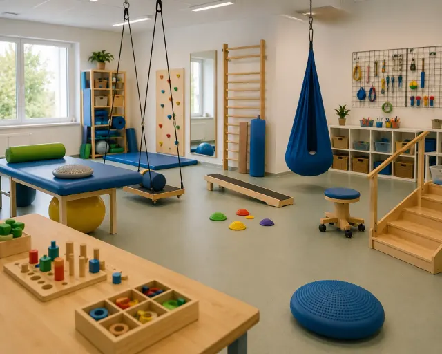 Große Turnhalle mit Kletterwand und Schaukel für die Kinder-Ergotherapie